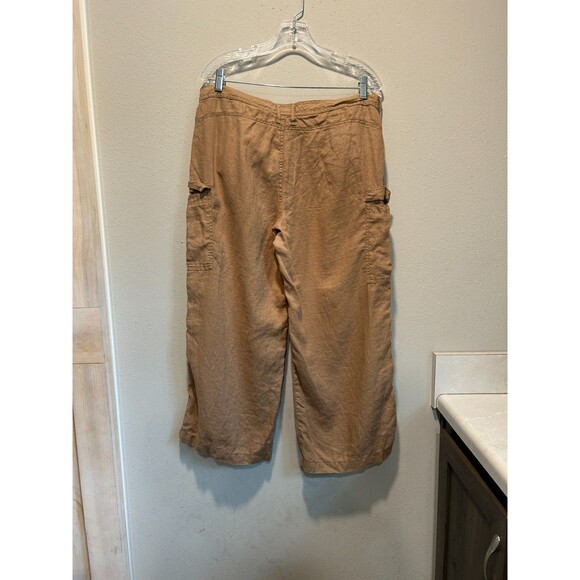 Express Womens Linen Cargo Pants 13/14 Cropped Tan Button Fly Drawstring Beach - Picture 6 of 11